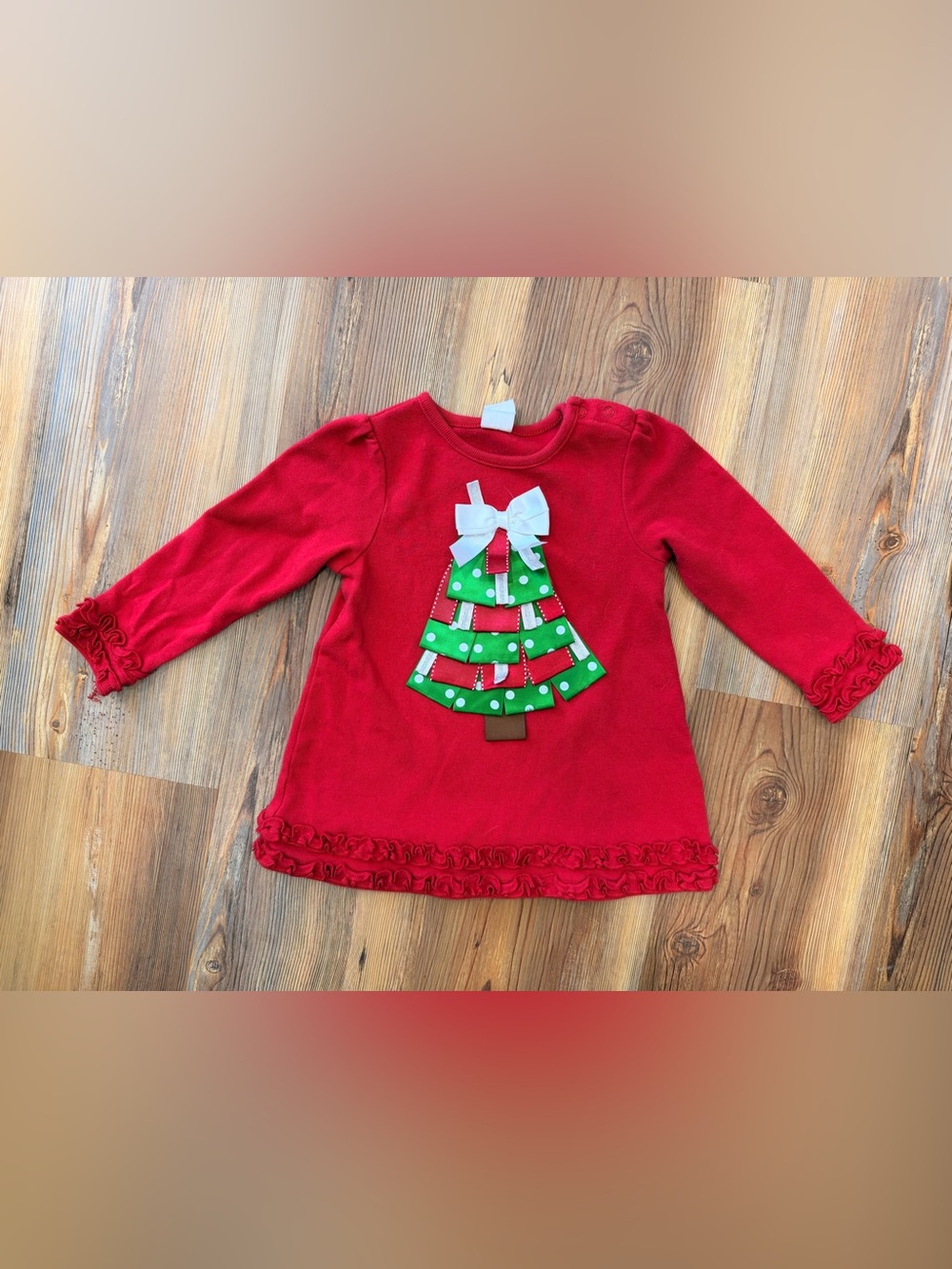 Red Toddler Long-Sleeve Top with Festive Tree Applique 24M